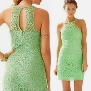Lilly Pulitzer Green Jaimie Crochet Knit Lace Lined Dress Large Beach Boho